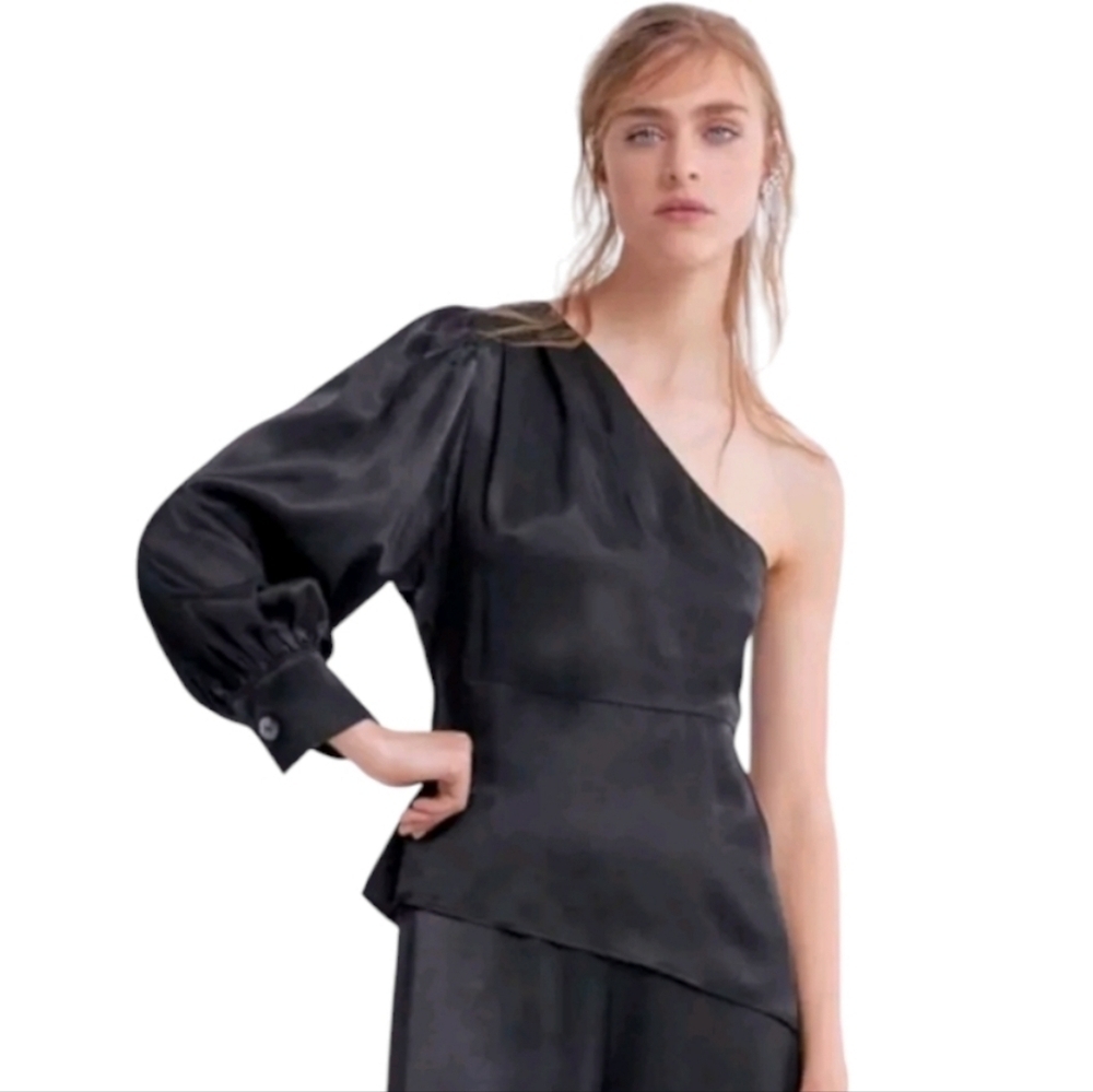 Zara Womens One Shoulder Satin Blouse Long Sleeve Peplum Top Size S